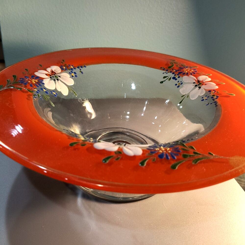 756. Vintage Orange Hand Painted Pedestal Bowl
